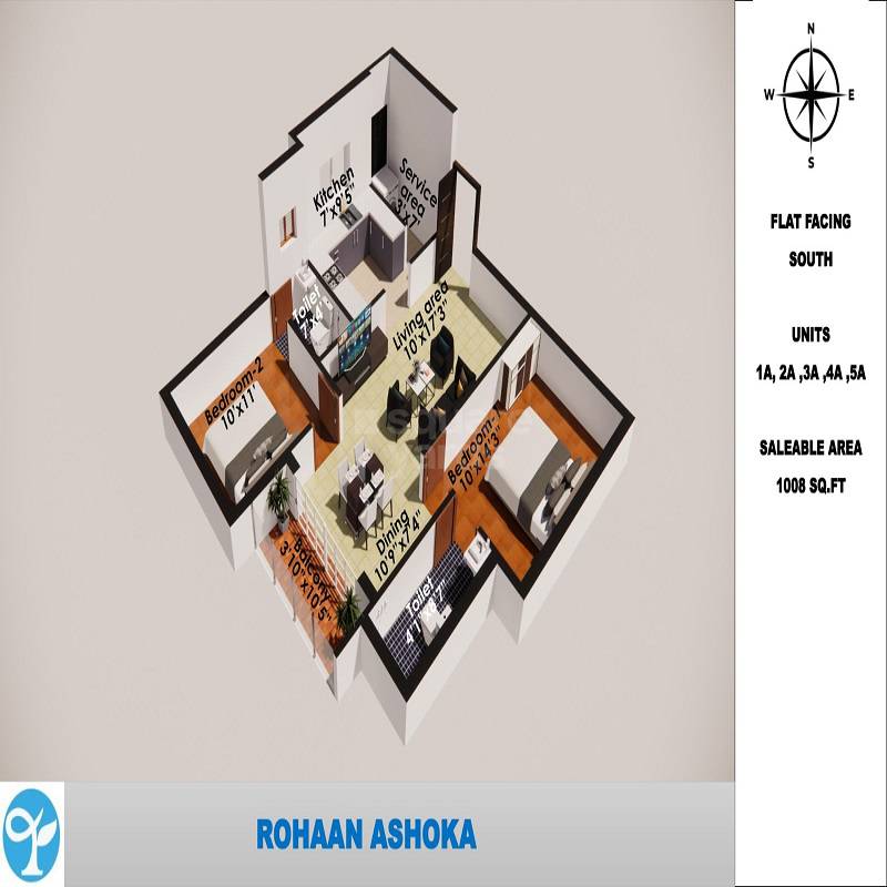 Floor plan of 2 BHK 1008 Sq. Ft. Apartment in Rohaan Ashoka, Chennai