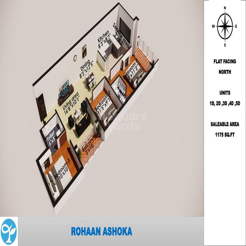 Floor plan of 3 BHK 1175 Sq. Ft. Apartment in Rohaan Ashoka, Chennai
