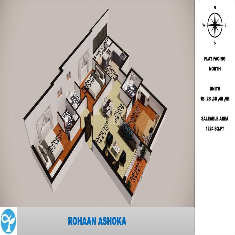 Floor plan of 3 BHK 1224 Sq. Ft. Apartment in Rohaan Ashoka, Chennai