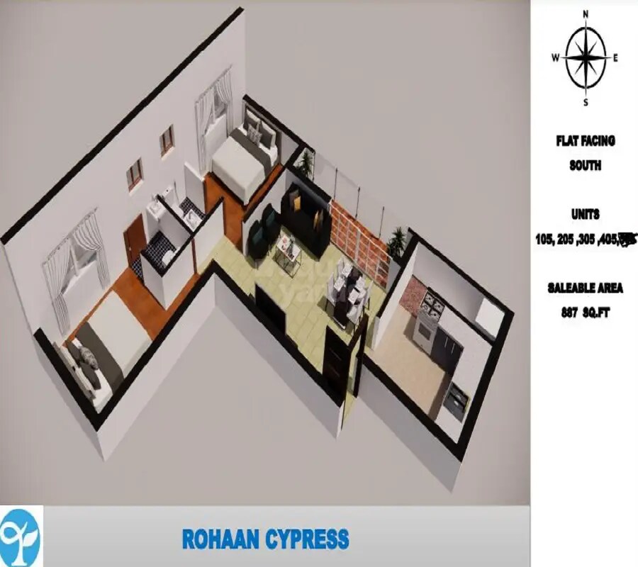 Floor plan of 2 BHK 887 Sq. Ft. Apartment in Rohaan Cypress, Chennai