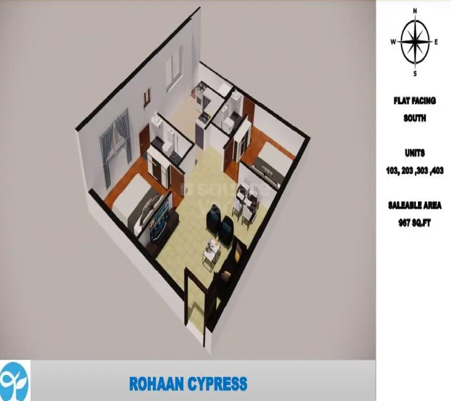 Floor plan of 2 BHK 967 Sq. Ft. Apartment in Rohaan Cypress, Chennai