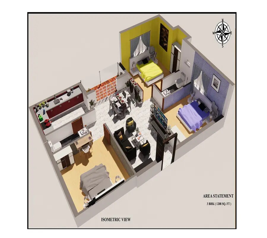Floor plan of 3 BHK 1208 Sq. Ft. Apartment in Rohaan Cypress, Chennai