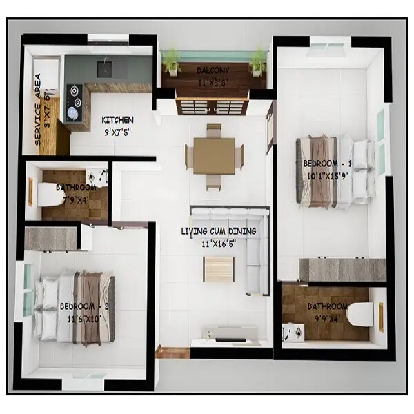 2 BHK 1024 Sq. Ft. Apartment