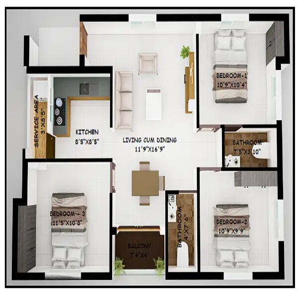 3 BHK 1197 Sq. Ft. Apartment