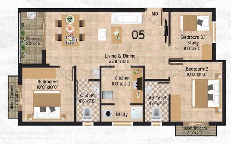 3 BHK 1126 Sq. Ft. Apartment
