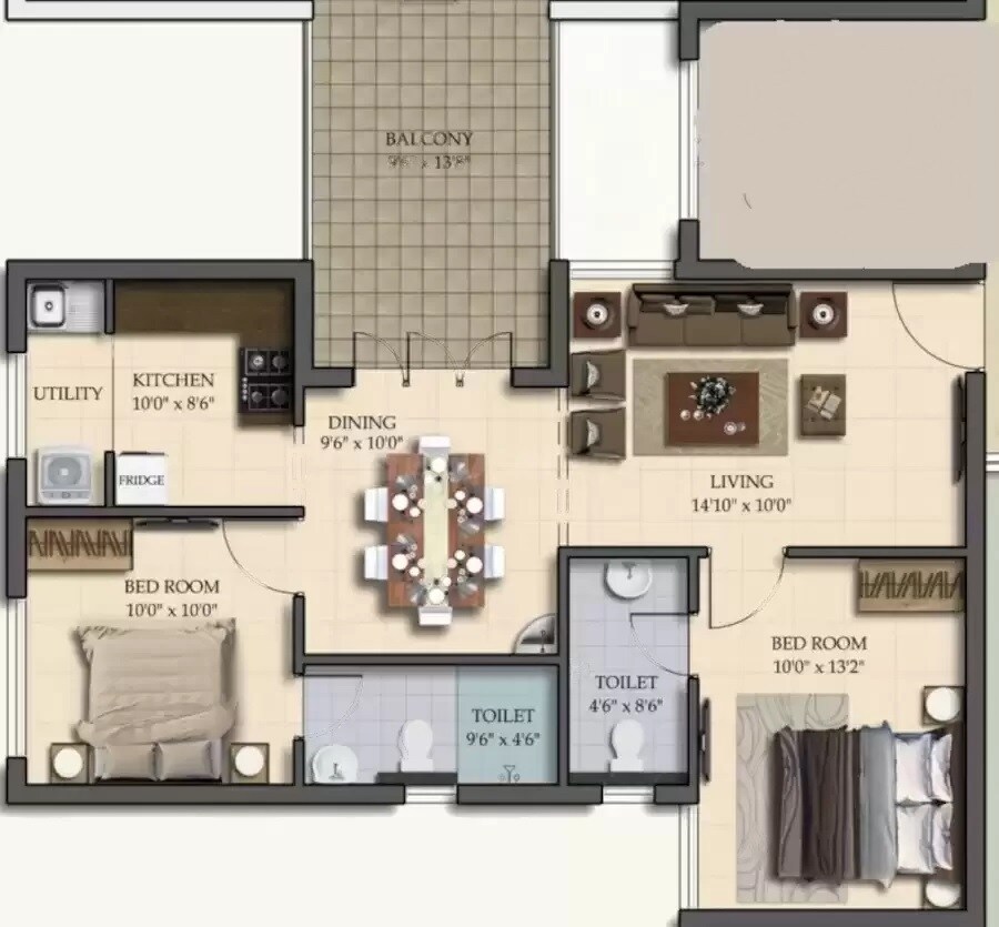 Floor plan of 2 BHK 1003 Sq. Ft. Apartment in Royal Natura, Chennai