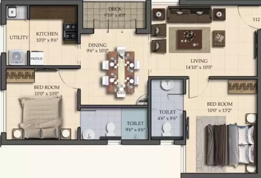 Floor plan of 2 BHK 897 Sq. Ft. Apartment in Royal Natura, Chennai