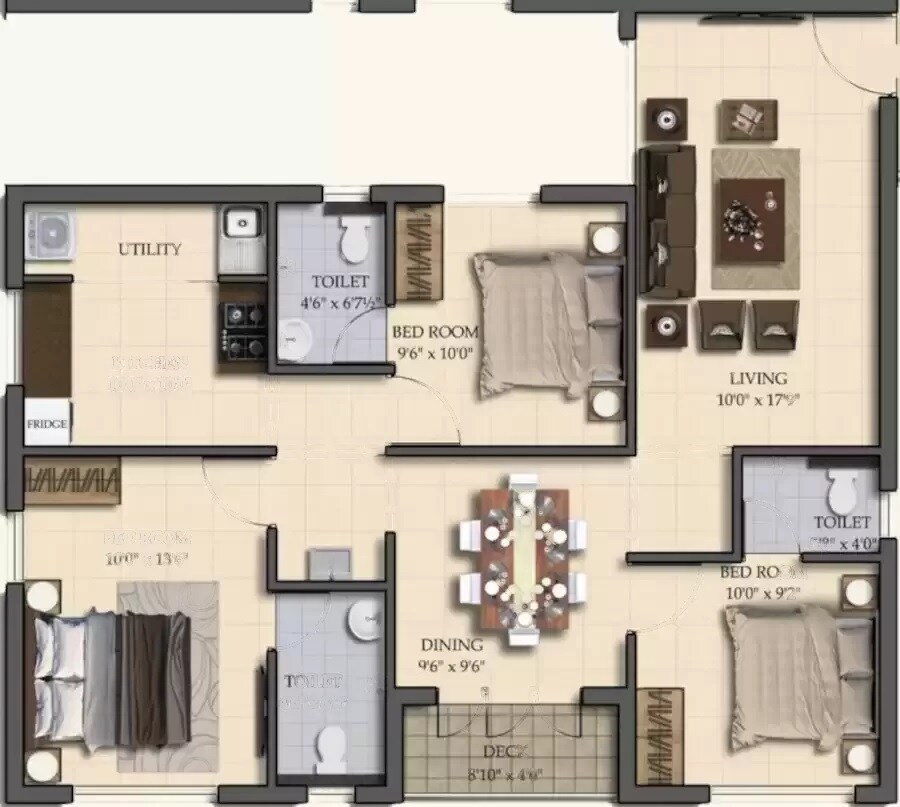 Floor plan of 3 BHK 1145 Sq. Ft. Apartment in Royal Natura, Chennai
