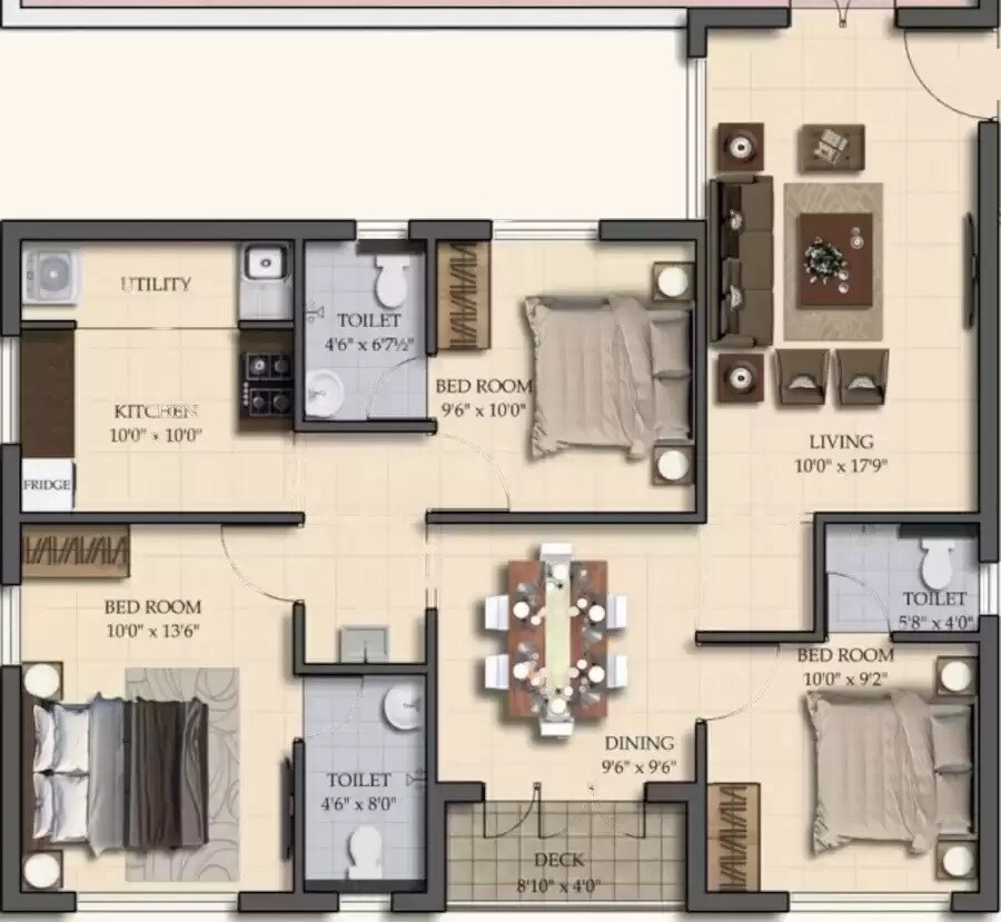 Floor plan of 3 BHK 1150 Sq. Ft. Apartment in Royal Natura, Chennai