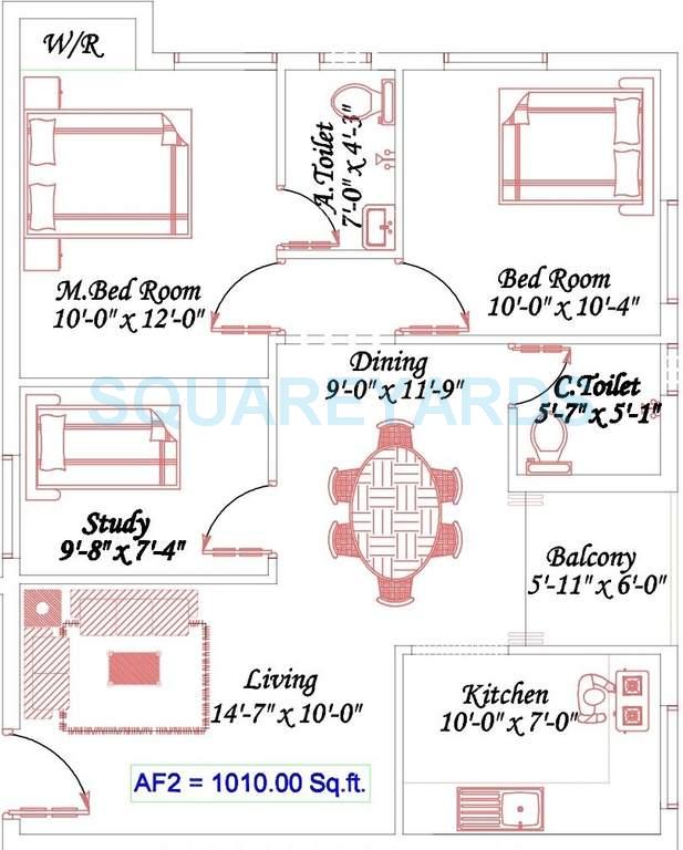 Floor plan of 2 BHK 1010 Sq. Ft. Apartment in Royal Splendour Aadhira, Chennai