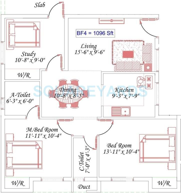 Floor plan of 2 BHK 1096 Sq. Ft. Apartment in Royal Splendour Aadhira, Chennai