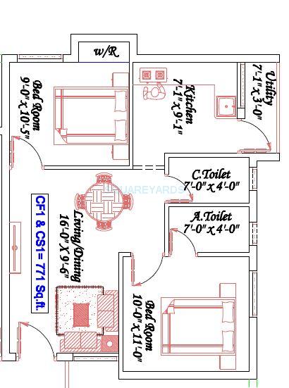 Floor plan of 2 BHK 771 Sq. Ft. Apartment in Royal Splendour Aadhira, Chennai