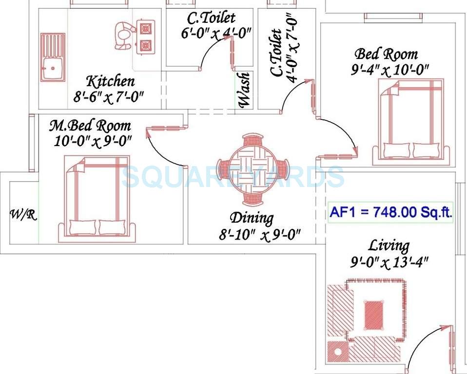 Floor plan of 2 BHK 748 Sq. Ft. Apartment in Royal Splendour Aadhira, Chennai