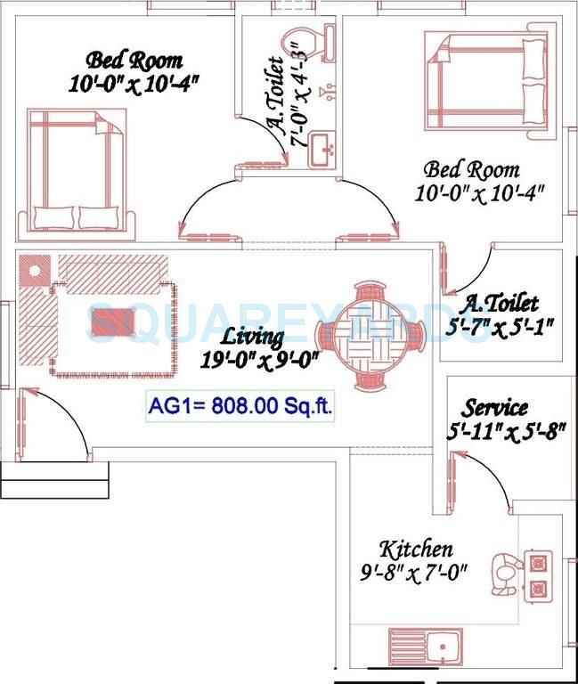 Floor plan of 2 BHK 808 Sq. Ft. Apartment in Royal Splendour Aadhira, Chennai