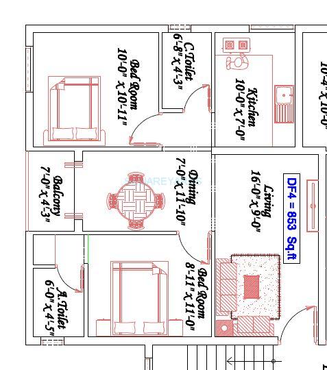 Floor plan of 2 BHK 853 Sq. Ft. Apartment in Royal Splendour Aadhira, Chennai