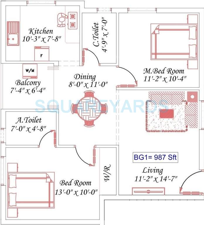 Floor plan of 2 BHK 987 Sq. Ft. Apartment in Royal Splendour Aadhira, Chennai