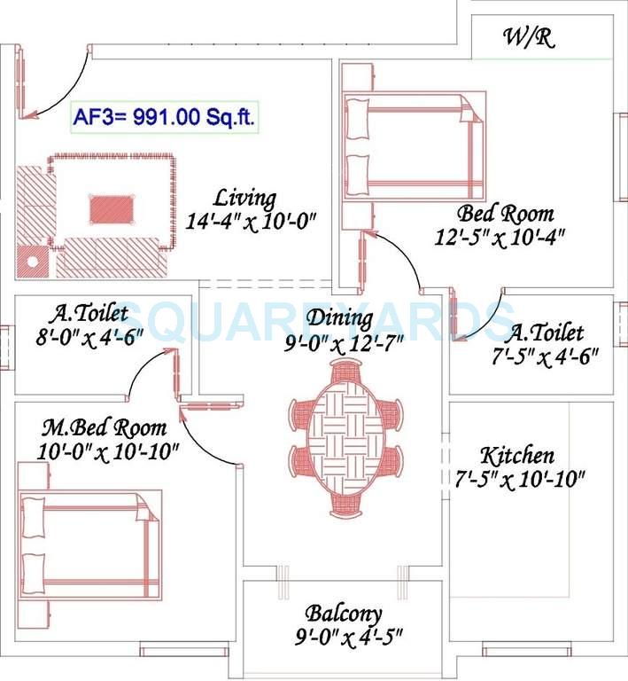 Floor plan of 2 BHK 991 Sq. Ft. Apartment in Royal Splendour Aadhira, Chennai