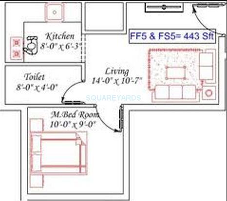 Floor plan of 1 BHK 443 Sq. Ft. Apartment in Royal Splendour Adria, Chennai
