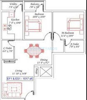 Floor plan of 2 BHK 1017 Sq. Ft. Apartment in Royal Splendour Adria, Chennai