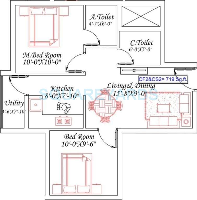 Floor plan of 2 BHK 719 Sq. Ft. Apartment in Royal Splendour Adria, Chennai
