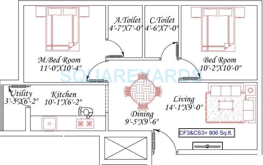 Floor plan of 2 BHK 806 Sq. Ft. Apartment in Royal Splendour Adria, Chennai