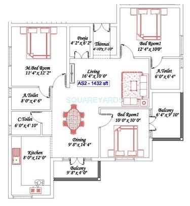 Floor plan of 3 BHK 1432 Sq. Ft. Apartment in Royal Splendour Adria, Chennai