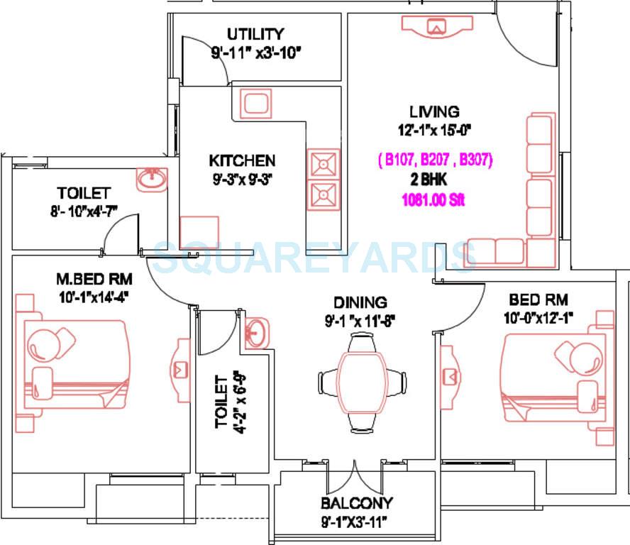 Floor plan of 2 BHK Apartment - 1081 sq. ft. in Royal Splendour Advaya, Chennai
