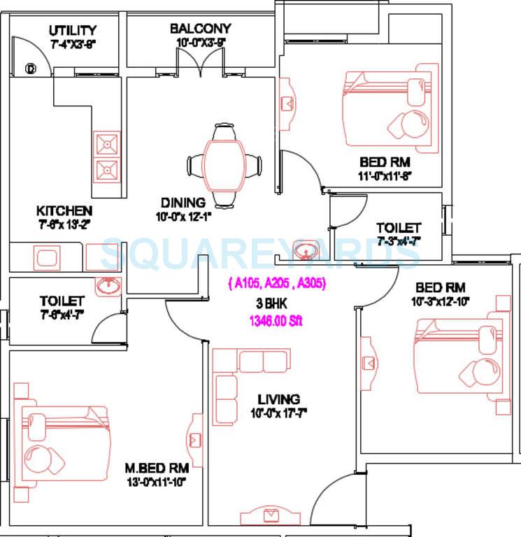 Floor plan of 3 BHK Apartment - 1346 sq. ft. in Royal Splendour Advaya, Chennai