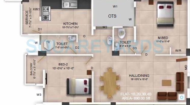 Floor plan of 2 BHK 890 Sq. Ft. Apartment in Royal Splendour Akshata, Chennai