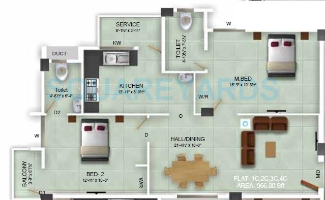 Floor plan of 2 BHK 966 Sq. Ft. Apartment in Royal Splendour Akshata, Chennai