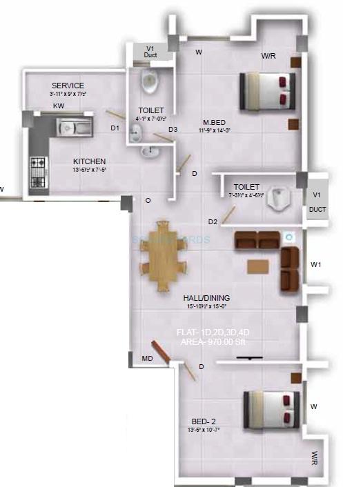 Floor plan of 2 BHK 970 Sq. Ft. Apartment in Royal Splendour Akshata, Chennai