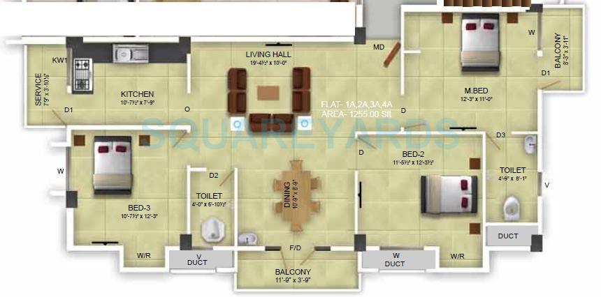 Floor plan of 3 BHK 1255 Sq. Ft. Apartment in Royal Splendour Akshata, Chennai