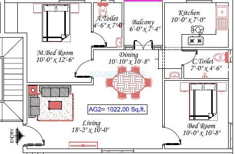 Floor plan of 2 BHK 1022 Sq. Ft. Apartment in Royal Splendour Alankrita, Chennai