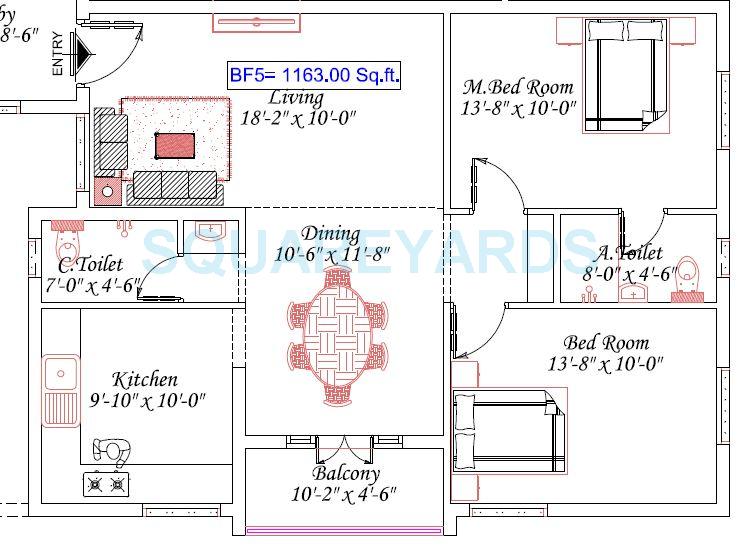 Floor plan of 2 BHK 1163 Sq. Ft. Apartment in Royal Splendour Alankrita, Chennai