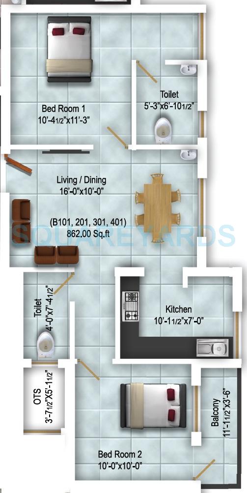 Floor plan of 2 BHK 862 Sq. Ft. Apartment in Royal Splendour Amritha, Chennai