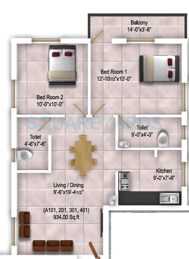 Floor plan of 2 BHK 934 Sq. Ft. Apartment in Royal Splendour Amritha, Chennai