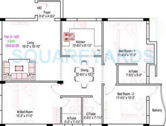 Floor plan of 3 BHK 1502 Sq. Ft. Apartment in Royal Splendour Arcadia, Chennai