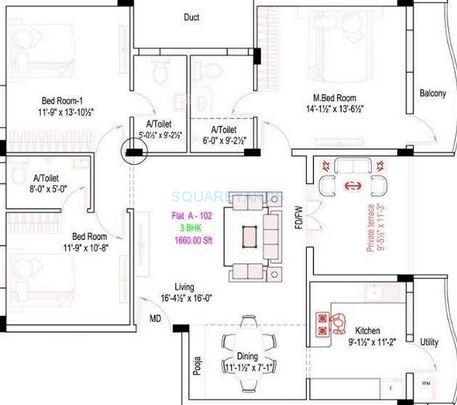 Floor plan of 3 BHK 1660 Sq. Ft. Apartment in Royal Splendour Arcadia, Chennai