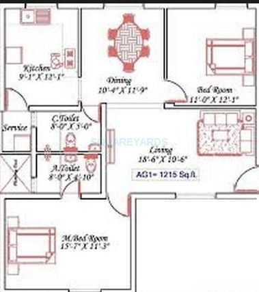 Floor plan of 2 BHK 1215 Sq. Ft. Apartment in Royal Splendour Aspire, Chennai