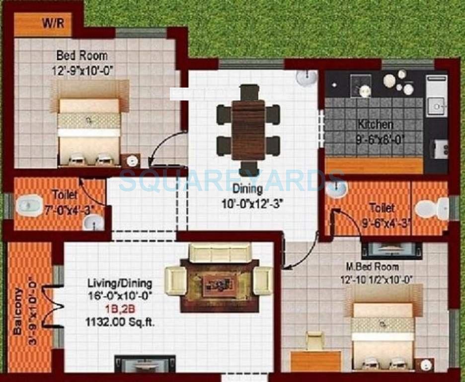 Floor plan of 2 BHK 1143 Sq. Ft. Apartment in Royal Splendour Matsya, Chennai