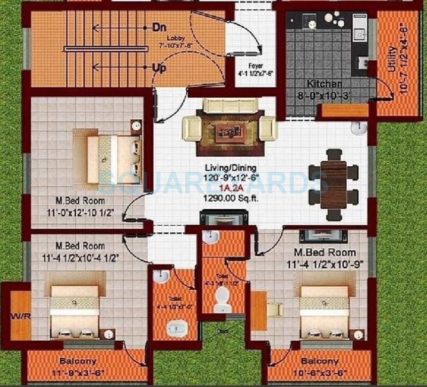 Floor plan of 3 BHK 1290 Sq. Ft. Apartment in Royal Splendour Matsya, Chennai