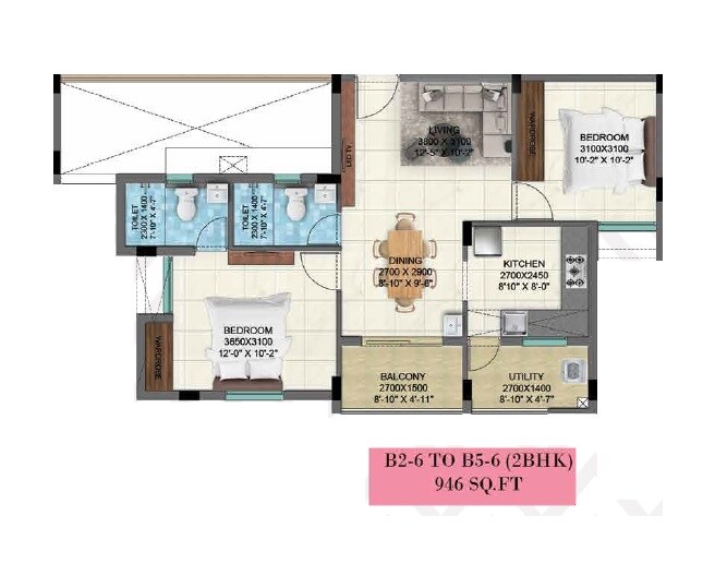 Floor plan of 2 BHK 946 Sq. Ft. Apartment in Ruby Arcadia, Chennai