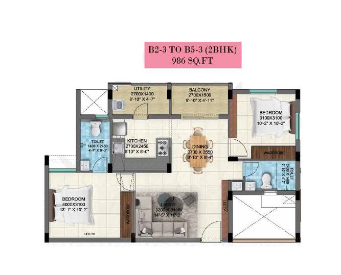 Floor plan of 2 BHK 986 Sq. Ft. Apartment in Ruby Arcadia, Chennai