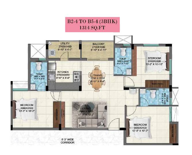 Floor plan of 3 BHK 1314 Sq. Ft. Apartment in Ruby Arcadia, Chennai