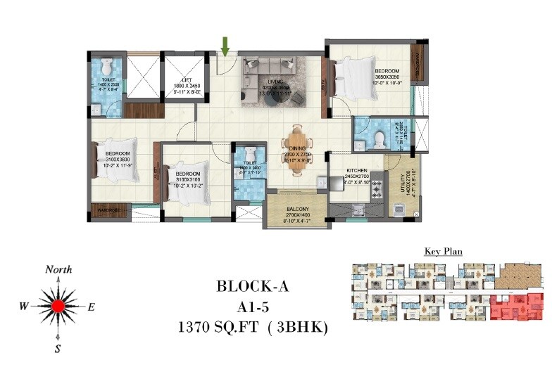 Floor plan of 3 BHK 1370 Sq. Ft. Apartment in Ruby Arcadia, Chennai