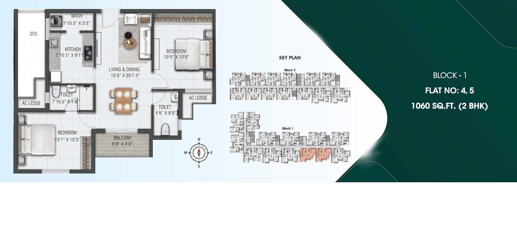 Floor plan of 2 BHK 1060 Sq. Ft. Apartment in Ruby Courtyard, Chennai