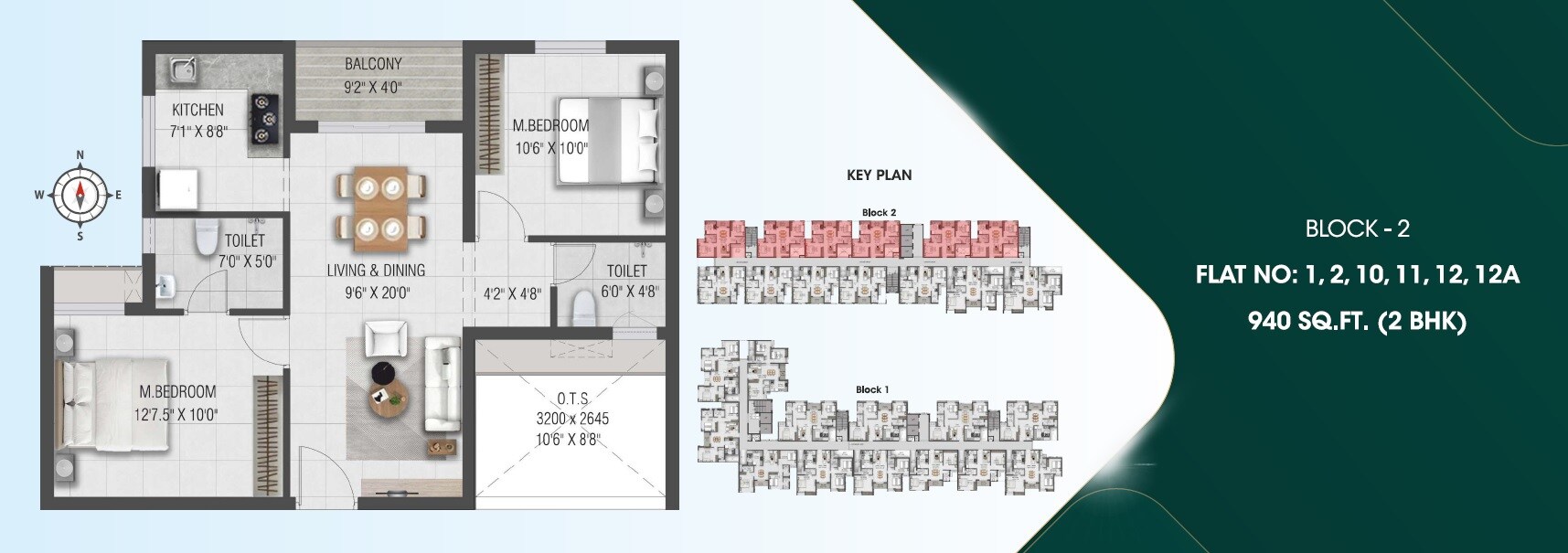 Floor plan of 2 BHK 940 Sq. Ft. Apartment in Ruby Courtyard, Chennai
