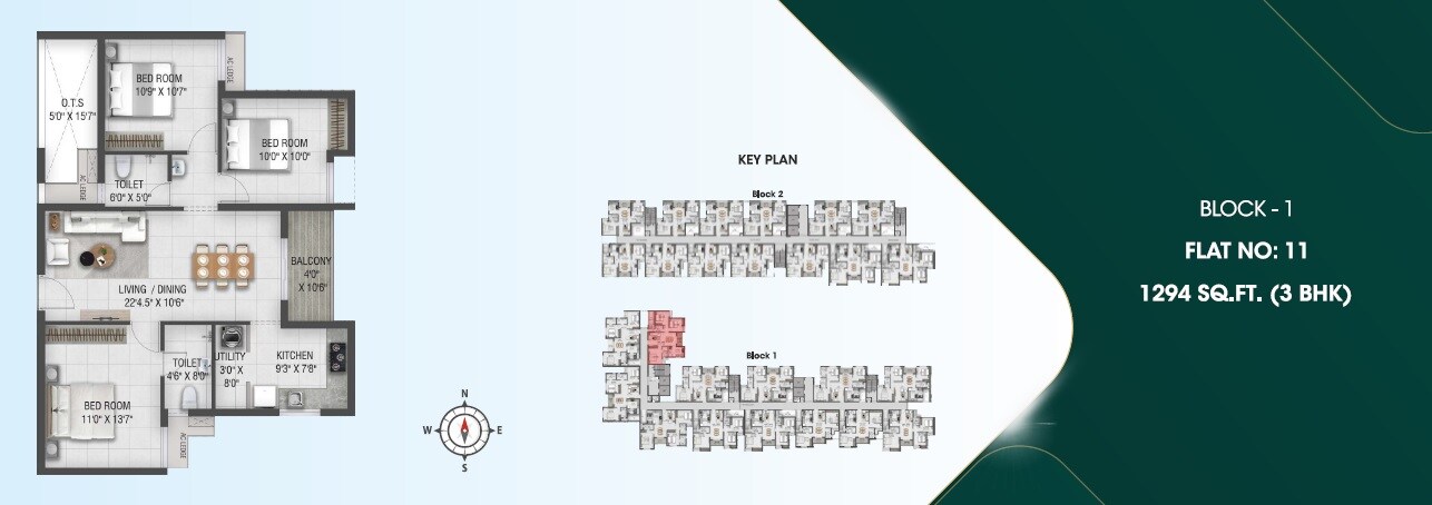 Floor plan of 3 BHK 1294 Sq. Ft. Apartment in Ruby Courtyard, Chennai