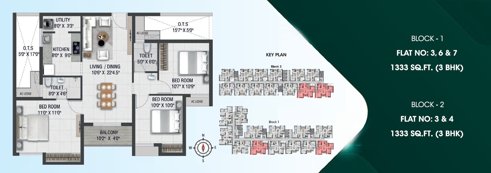 Floor plan of 3 BHK 1333 Sq. Ft. Apartment in Ruby Courtyard, Chennai