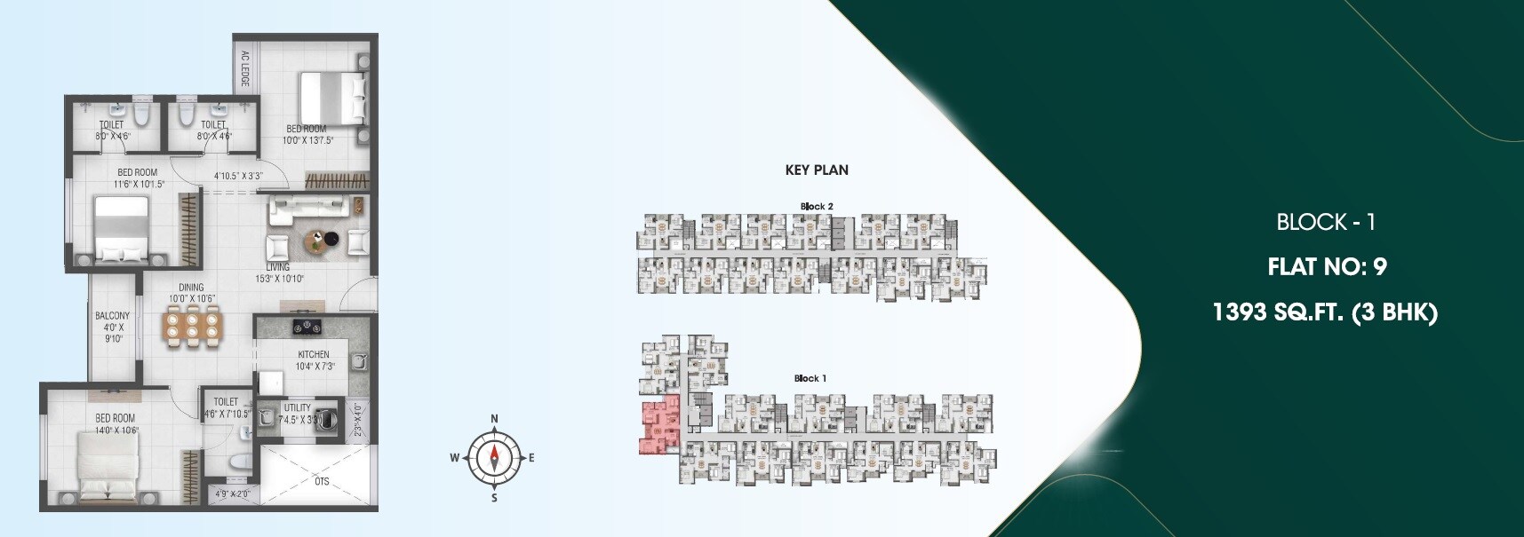 Floor plan of 3 BHK 1393 Sq. Ft. Apartment in Ruby Courtyard, Chennai